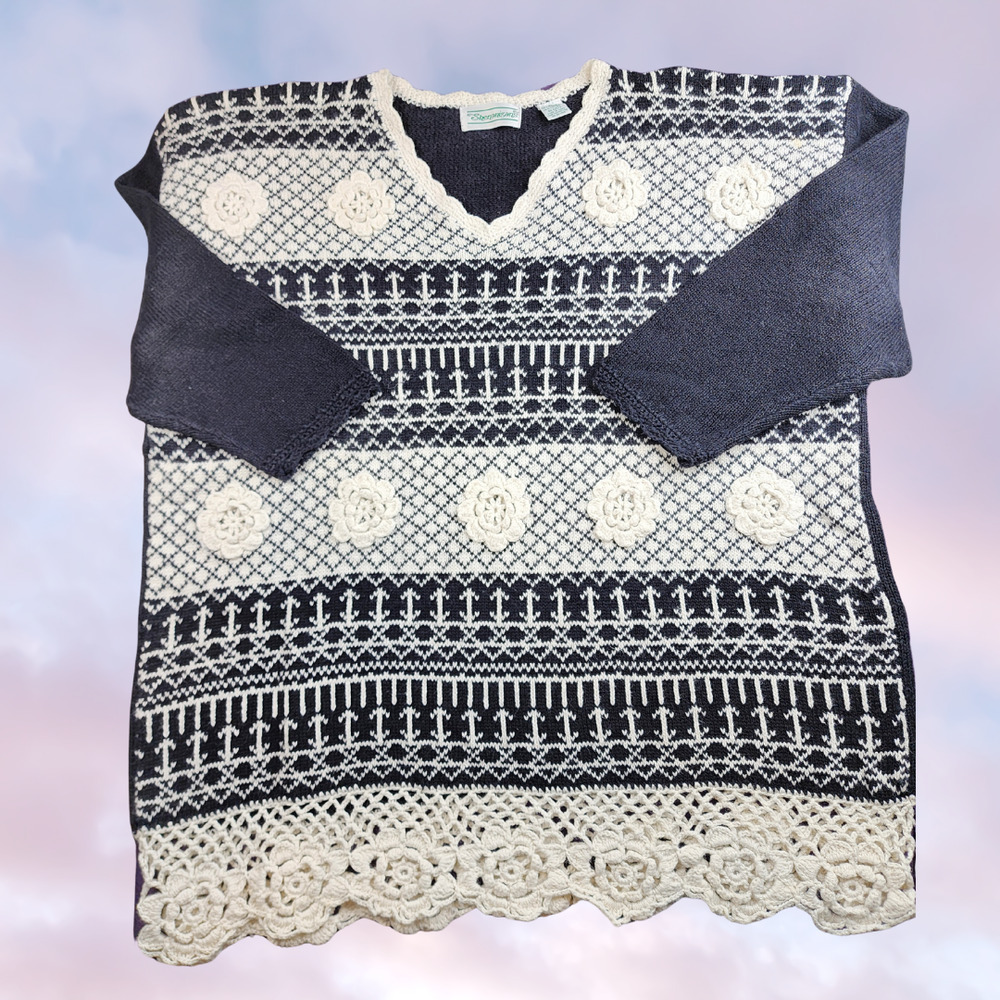 Vtg Shenanigans Black White Frilly Crochet Knit Floral Coquette Twee Sweater L - Picture 2 of 6